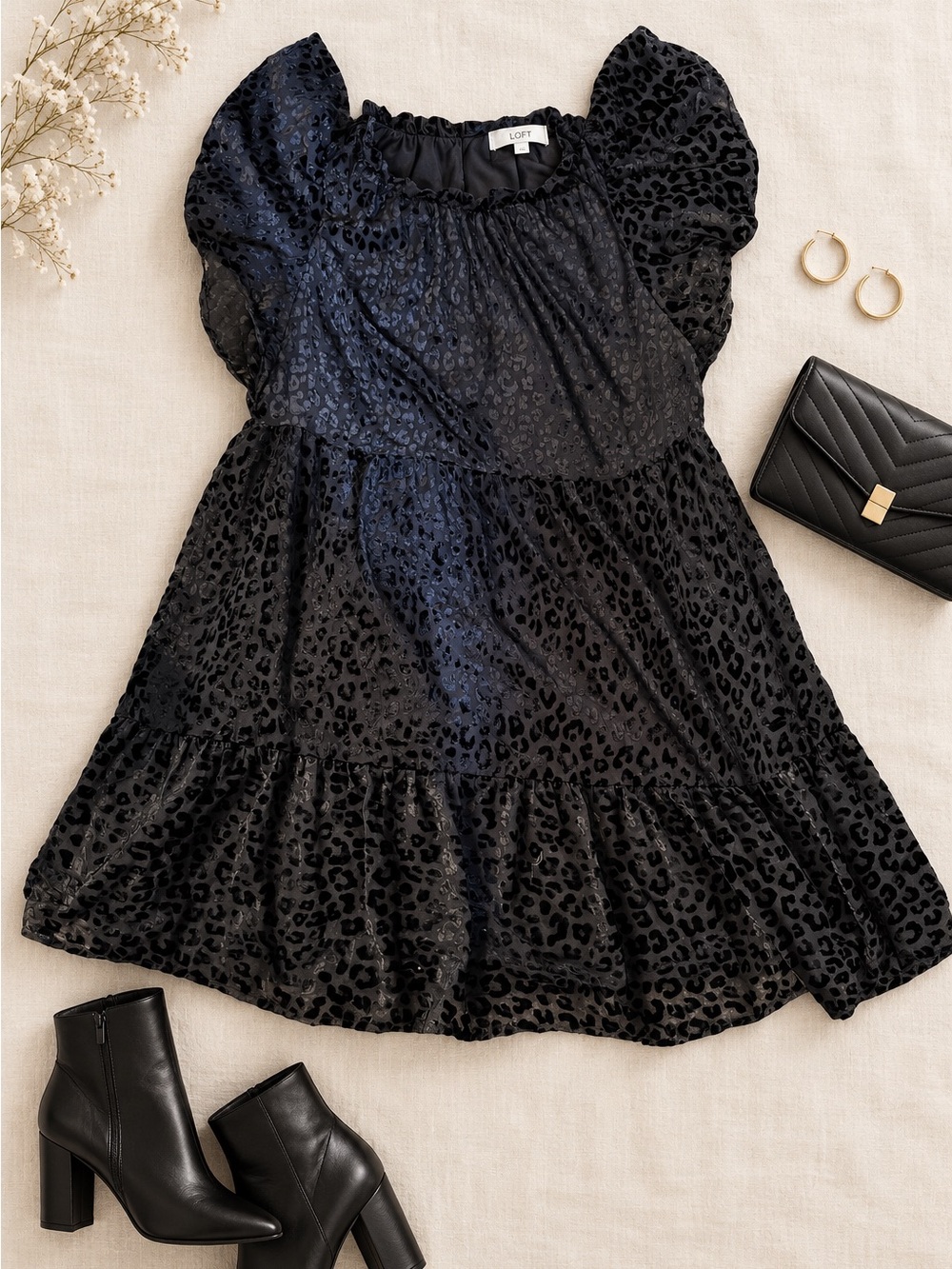 LOFT Black Velvet Leopard-Print Tiered Mini Dress